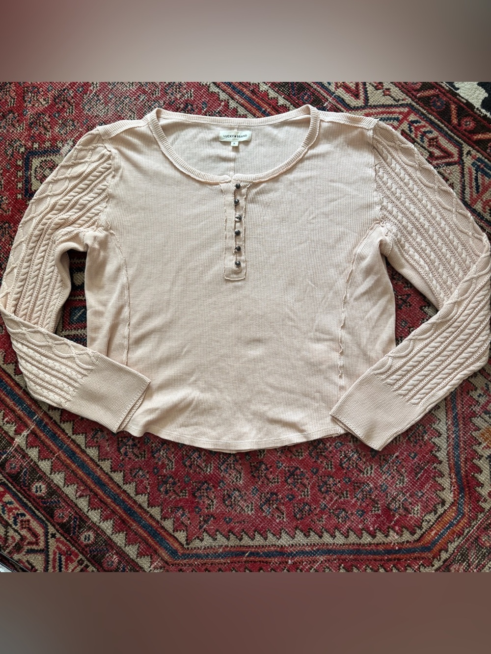 Lucky Brand Cable Knit Sleeve Waffle Henley Top XL Blush Pink Rose Smoke Boho - Picture 2 of 9